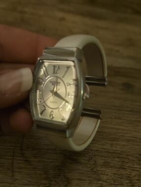 Twiggy London Silver-Tone Watch with Cream Dial and White Bangle Band